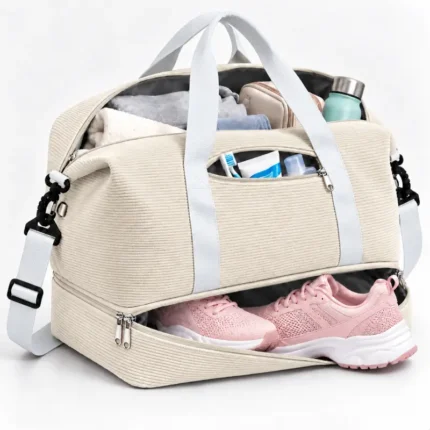 B1036 Versatile Corduroy Cotton Fabric Duffle Bag with Shoe Compartment